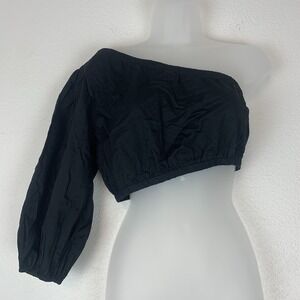 The Drop Shirt Women Small Anupa One Shoulder Puff‎ Sleeve Cotton Crop Top Black